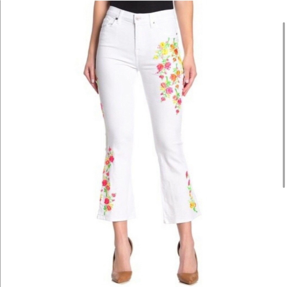 7 For All Mankind 7FAMK Neon Floral Embroidery Flare White Cropped Kick Jeans 28 - Picture 2 of 15